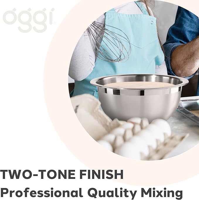 Oggi 3-Quart Two-Tone Stainless Steel Mixing Bowl, Great for Mixing, Making Dough, Dressing Salads, Mixing Eggs, Washing Vegetables
