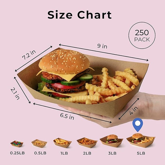 Fit Meal Prep [250 Pack 5 lb Paper Food Boats Heavy Duty Disposable Food Trays, Kraft Brown Nacho Tray for Parties Fairs Picnics Carnivals Holds Tacos Nachos Fries Hot Dogs Grease Resistant