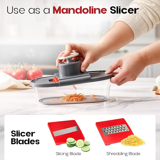 Vegetable Chopper and Mandoline Slicer for Kitchen with 4 Blades, Scraper and Container, ALL in 1 Sharp Veggie Chopper Vegetable Cutter, French Fry Cutter, Onion, Fruit, Salad, Potato