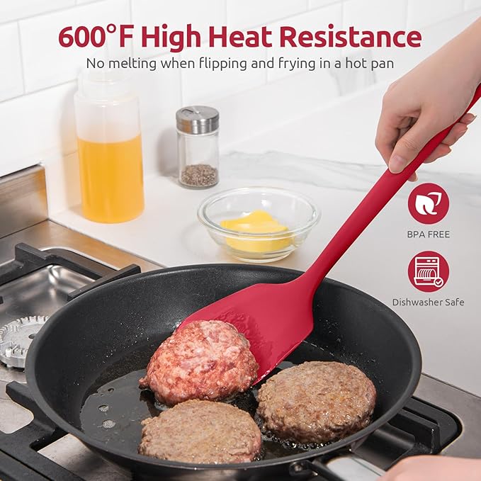 U-Taste 600ºF Heat Resistant 13.6in Long Solid Silicone Turner Spatula, and 18/8 Stainless Steel Square Measuring Spoons Set of 8 (Red+Silver)