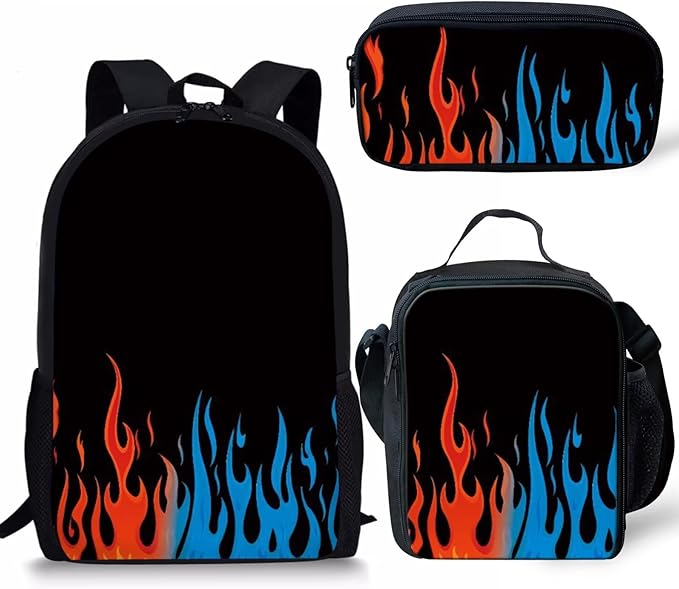 Dolyues Fire Backpack Set with Lunch Box Black Pencil Case 3 PCS Bookbag 17 Inches Waterproof College Style Backpacks Waterproof College Style Boys Cool