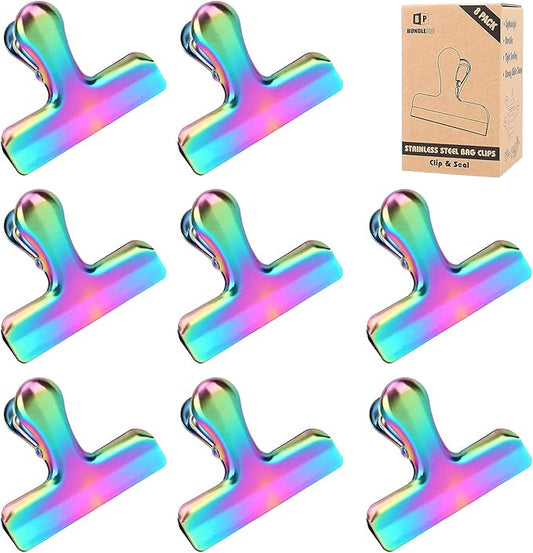 Pack of 8 Bag Clips, Stainless Steel and Heavy Duty Metal Bag Clip,Tightly Seals Chip, Coffee, Bread or Cereal Bags to Keep Food Fresh, for Home, Kitchen, Office, Pantry, Camping (Rainbow)