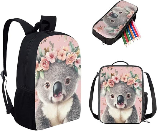 Dolyues Pink Flower Koala Girls 3-Piece Set: 17 Inch Laptop-Compatible Backpack, Leak-Proof Lunch Bag & Pencil Pouch - Extra Padding & Anti-Lost