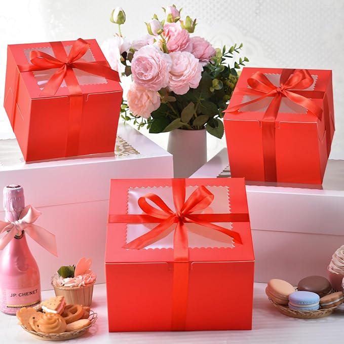 KPOSIYA 40pcs 8x8x5 inches Cake Boxes with Cake Boards（20 Boxes & 20 Boards）, Red 8 inch Cake Boxes with Window,Cajas Pasteles Square Cardboard Cake Containers for Christmas Thanksgiving