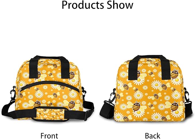 Pardick Yellow Bee Insulated Lunch Bag, Cute Flower Daisy Box with Shoulder Strap, Reusable Large Container for School, Office, Travel, Picnic, Beach, Outdoor Use