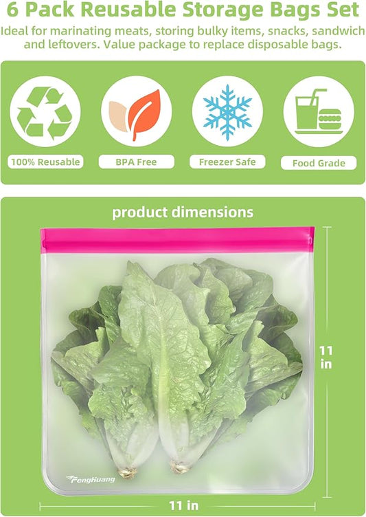 6 Pack Large Size 11 inches Reusable food Storage Bags,BPA Free PEVA Reusable Freezer Bags,Reusable Gallon Bags, Reusable Sandwich Bags (Colors-6 Pack)