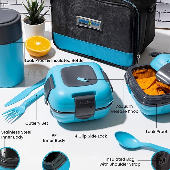 Pinnacle Thermoware Lunch Box Bag Set for Adults and Kids, Blue, Plastic and Stainless Steel, Matching Cutlery