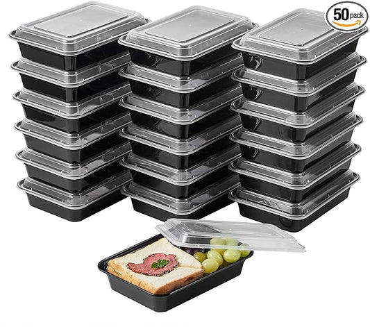 50 Pack Meal Prep Plastic Food Storage Containers With Lids 28 oz 1 Compartment Black Rectangular To Go Lunch Prepping Boxes BPA-Free Microwavable Freezer Safe Stackable (Formerly FULING)