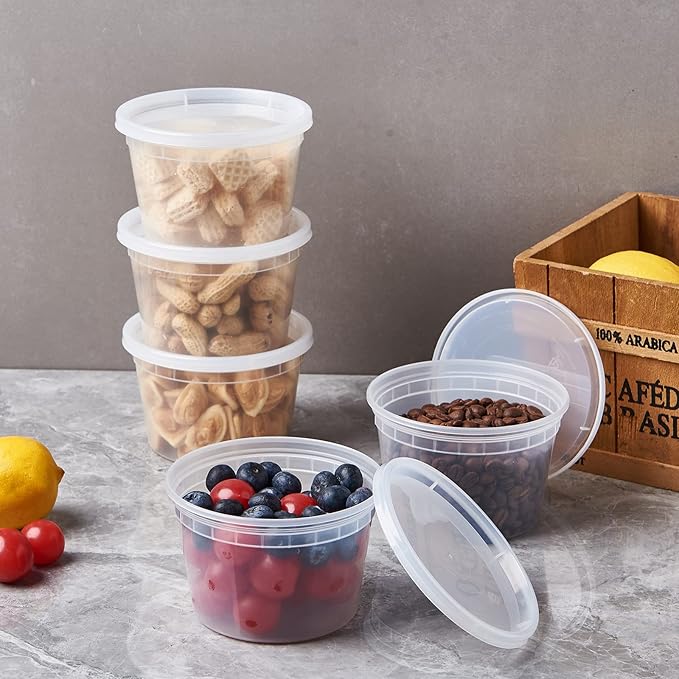 FULING [48pack 16oz Plastic Containers With Lids Deli Disposable Food Storage Takeout Containers Airtight BPA-Free Leakproof Round Bowls for Soup Salad Restaurant Supplies With Clear Lids