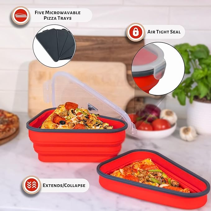 PIZZA PACK The Perfect Reusable Pizza Storage Container with 5 Microwavable Serving Trays - BPA-Free Adjustable Pizza Slice Container to Organize & Save Space, 3 Pack, Red