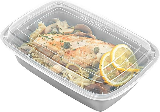 Restaurantware Asporto 38 Ounce Take Out Containers, 100 Food Containers With Lids - Microwavable, Disposable, Silver Plastic To Go Food Containers, No BPA, For Take Out And Delivery