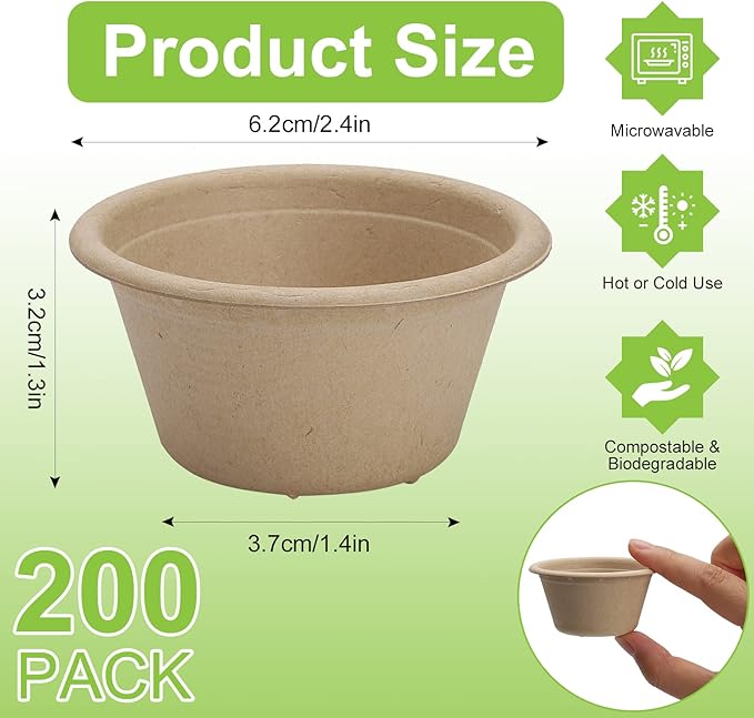 2 oz Compostable Portion Cups,200 Pack Disposable Souffle Cups,Biodegradable Condiment Cups,Bagasse Fiber Sample Portion Cups,Sample Cups Tasting Cups for Jello Shot,Souffle,Condiment,Sauce (Natural)