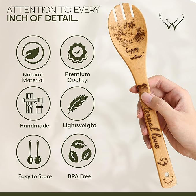 Valentine's Day Gifts for Her – Wooden Spoons for Cooking, Bamboo Kitchen Utensils Set, Unique Valentine's Day Gifts for Women, Romantic Gift Idea for Wife, Girlfriend, or Mom, Practical & Stylish