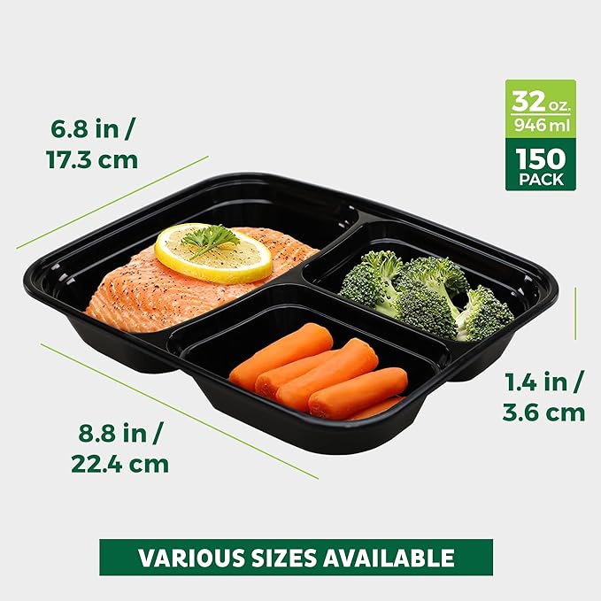 Freshware Meal Prep Containers [150 Pack] 3 Compartment with Lids, Food Containers, Lunch Box, Stackable, Bento Box, Microwave/Dishwasher Safe (32 oz)