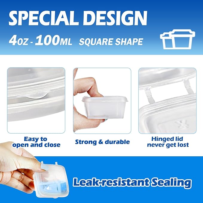 4 oz Plastic Containers with Lids(200 Pack)，Condiment Containers with Lids, Portion Cups, Jello Shot Souffle Sauce Cups (Square)