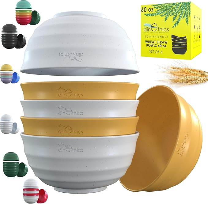 6 Wheat Straw Bowls 60 OZ - Microwave Safe Bowls - Big Bowls For Kitchen - Extra Large Cereal Bowls - Large Soup Bowls Set Of 6 - Replace Large Plastic Bowl - Deep Bowls For Soup Salad Rice