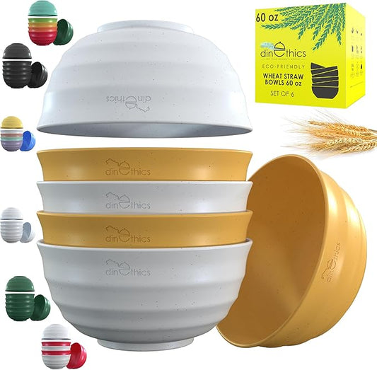 6 Wheat Straw Bowls 60 OZ - Microwave Safe Bowls - Big Bowls For Kitchen - Extra Large Cereal Bowls - Large Soup Bowls Set Of 6 - Replace Large Plastic Bowl - Deep Bowls For Soup Salad Rice