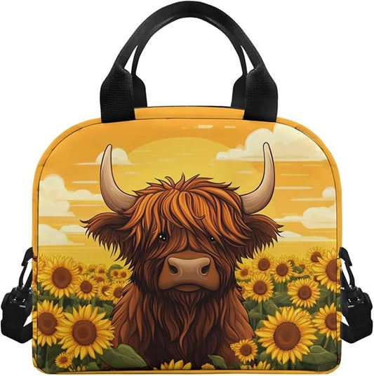 Showudesigns Highland Cow Lunch Box for Girls 8-10 10-12 12-14 Lunch Tote Bag Sunflower Lunchbox Bento Keep Food Cold and Warm for Long Time Picnic Bags Insulated Lunchbags