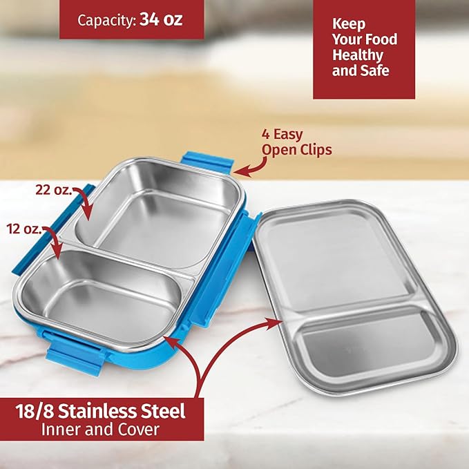 Signoraware Stainless Steel Bento Box Adult Lunch Box For Men, Women, Kids Bento Lunch Box Leak Proof Between 2 Compartments Meal Prep Containers Lunch Containers For Adults And Kids School Green