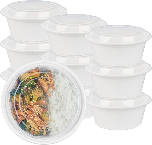 Restaurantware Asporto 32 Ounce To Go Boxes 100 Microwavable Take Out Food Containers - Clear Plastic Lids Included Do Not Contain BPA White Plastic Catering Food Containers Disposable Round