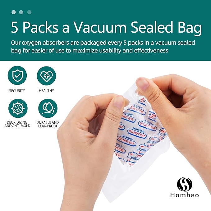 1000cc 50 Packs Food Grade Oxygen Absorbers - 5 Packs x 1 Vacuum Bag for Long Term Food Freshness - O2 Absorber for Canning & Preserving