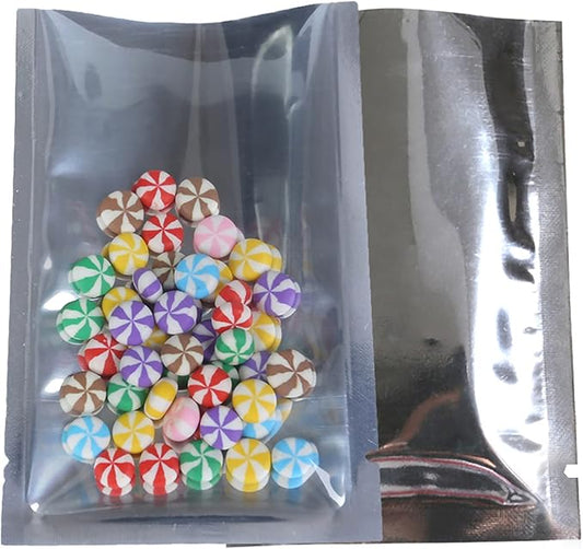 QQ Studio 100 PCS Metallic Mylar Foil Open Top Sealable Bags (8x12cm(3.1x4.7"), Clear & Silver)