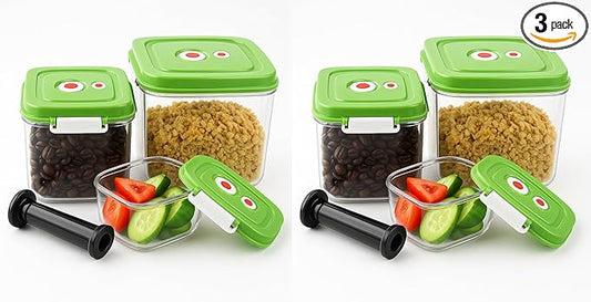 Vacuum Canister Set for Coffee, Tea, Dry Goods – 500ml 1200ml 3000ml Containers with Manual Pump&Time Chart – Food Storage,Bar Essentials, Espresso, Bulk Ground (0.5L+1.2L+3.0L+Pump-Green-2pack)