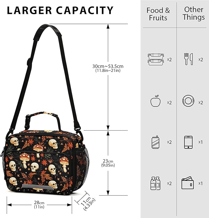 MNSRUU Student Lunch Bag Mushrooms Skull Insulated DinnerTotes Picnic Bag Lunch Box with Adjustable Shoulder Strap for Teen Kids Adults
