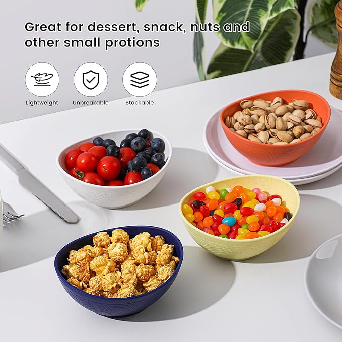 10 oz Small Bowls, Wheat Straw Bowl Sets of 4, Unbreakable Ice Cream Bowl, Plastic Bowls Reusable for Snack and Dessert (Mondrian Series)