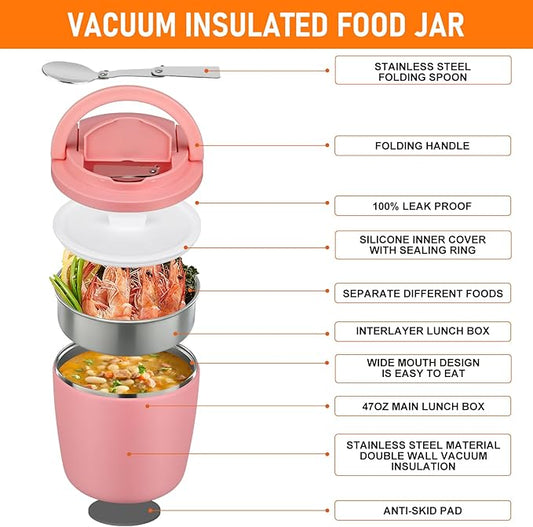 40oz Insulated Lunch Containers for Adults Soup Thermo for Hot Food Jar Wide Mouth Leak Proof Vacuum Stainless Steel Thermal Bento Box with Buckle Lid and Spoon