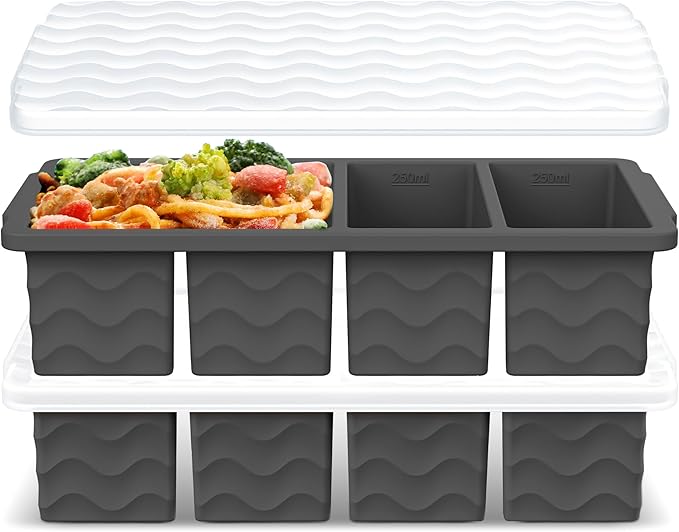 Silicone Freezer Tray for Soup with Lid – 1-Cup Soup Container Style Ice Cube Trays for Freezer, Meal Prep & Food Storage, Freeze 250mL/125mL Portions – 2 Pack