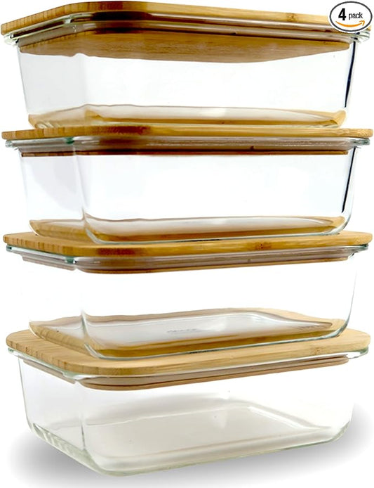 DE Glass Food Storage Containers with Bamboo Lids (4 Pack, 36 Ounce) Eco Friendly Meal Prep Glass Containers Reusable BPA Free Bento Lunch Box Airtight Plastic Free Glass Container with Lid