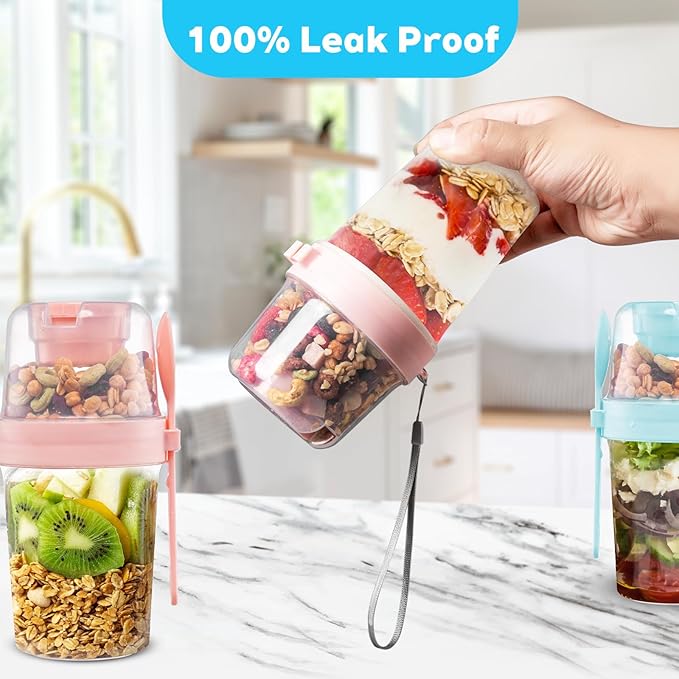 TINSKY 4 Pack 27oz Yogurt Parfait Cups with Lids and Spoons, Overnight Oats Containers, Reusable Topping Compartment for Breakfast with Yogurt, Cereal or Oatmeal On-the-Go