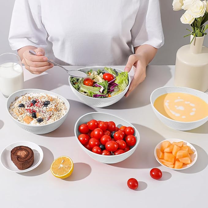 Premium Wheat Straw Bowls 26 OZ, Unbreakable Plastic Bowls Reusable Microwave and Dishwasher Safe Bowl for Camping, Rv, Apartmen, Party 4 PCS Kitchen Bowl (White)