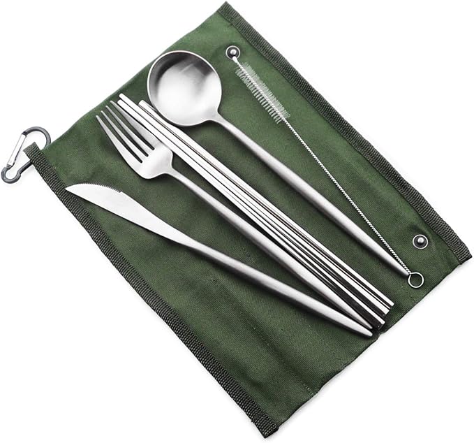 Reusable Travel Utensils, 7 Pieces Portable 18/10 Stainless Steel include Knife Fork Spoon Chopsticks Cleaning Brush Straws Portable Pouch, Eco-friendly Camping Silverware Set, Dishwasher Safe