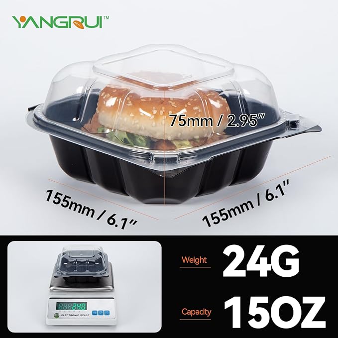 YANGRUI Clamshell Take Out Containers, Reusable Anti-Fog Shrink Wrap 55 Pack 6 x 6 Inch 15 oz Meal Prep Container BPA Free Microwave Freezer Safe Plastic Hinged To Go Containers