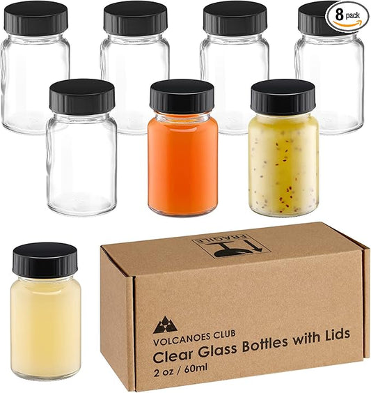 2oz Glass Jars with Lids - Glass Shot Bottles Set for Liquids, Juicing, Ginger Shot, Sample - Small Containers with Screw Caps - Clear Mini Round Bottles - Leakproof/Wide Mouth - 8 pack