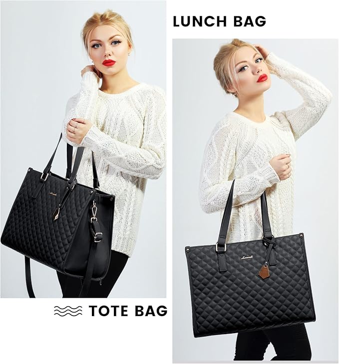 LOVEVOOK Lunch Tote Bag for Women, 15.6 Inch Laptop Bag with Insulated Lunch Compartment, Quilted Large Capacity Computer Handbag with Purse for Business, Work, Nurse, Office, Collage, Casual, Black