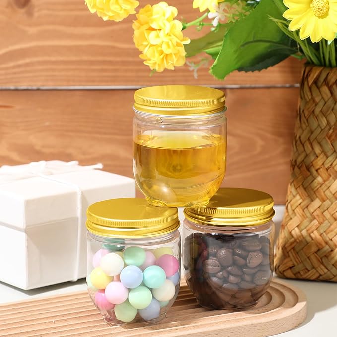 Tanlade 60 Pcs 4 oz Clear Plastic Wide Mouth Mason Jars with Lids Small Honey Jar Mini Storage Containers Bulk for Herb Jelly Butter Wedding Favors Shower Party(Gold)