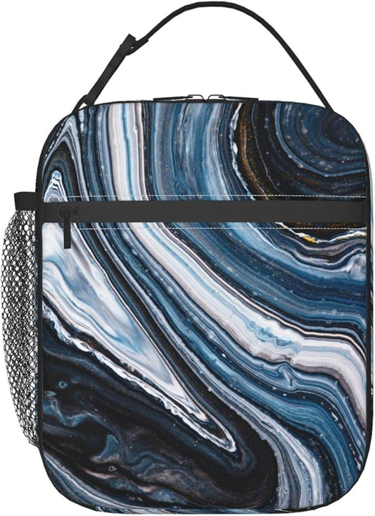 YETTA YANG Navy Black And White Marble Portable Lunch Bag Insulated Lunch Box Reusable Totes For Women Men Work Picnic Camping