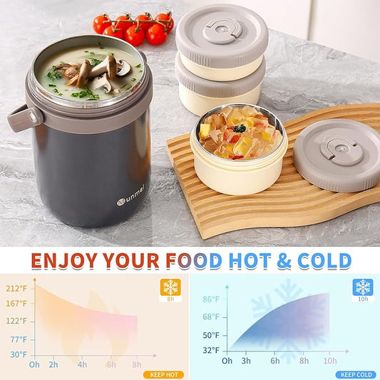 Adults Lunch Vacuum Soup Thermos For Hot Food with Inserts Stackable Bento Box Storage Container,Width Mouth Stainless Steel Portable Insulated Food Jar (grey, 74 oz)