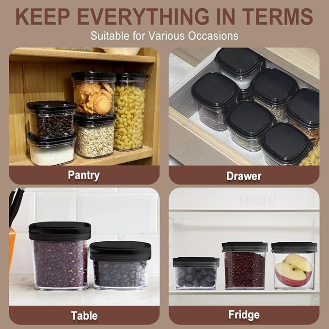 12-Piece Airtight Food Storage Containers Set – 6x 230ML, 5x 390ML & 1x 880ML BPA-FREE Plastic Kitchen Canisters with Lids for Dry Food, Snacks, Spices, Pantry Organization (Black)