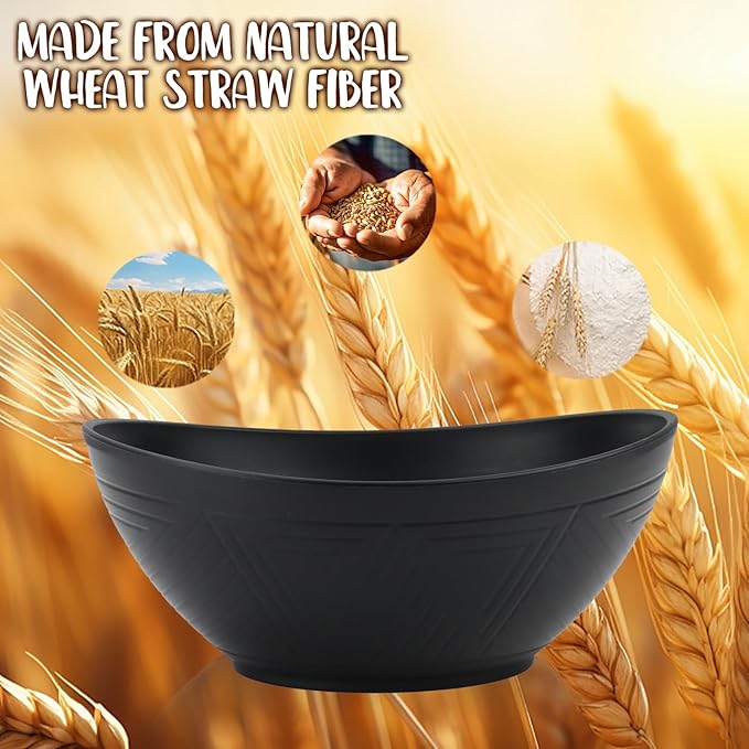 Big Wheat Straw Bowls,Unbreakable Large Salad Bowls,Dishwasher and Microware Safe Plastic Bowls Reusable,Kitchen Bowl Set for Salad,Cereal,Soup and Oatmeal.Black and White