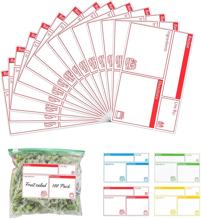 100pcs Labels for Freezer Bags Freezer Meal Labels with Instructions 3.2 X 5 inch Oil and Water Resistant Labels Food Labels for Freezer Storage for Leftovers in Fridge Removable Freezer (Red)