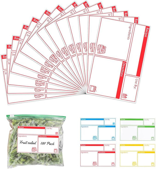 100pcs Labels for Freezer Bags Freezer Meal Labels with Instructions 3.2 X 5 inch Oil and Water Resistant Labels Food Labels for Freezer Storage for Leftovers in Fridge Removable Freezer (Red)