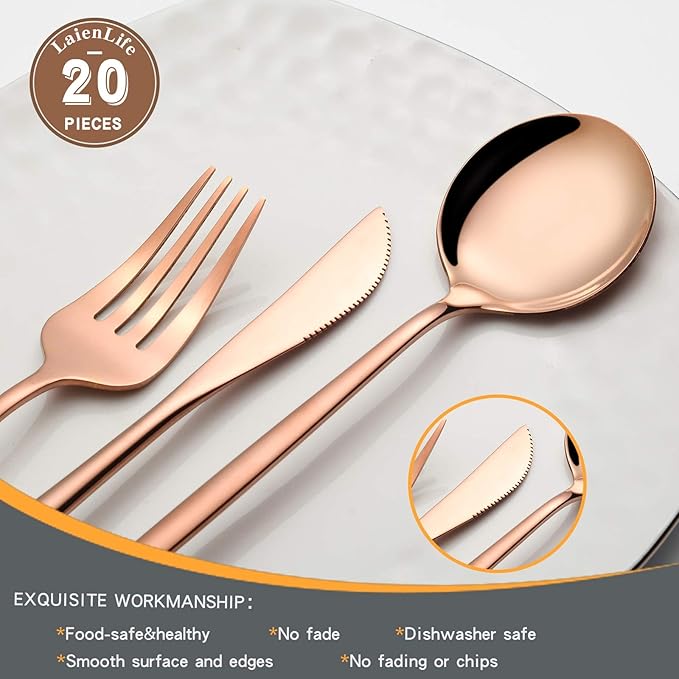 Rose Gold Silverware Set for 4, 20-Piece Modern Stainless Steel Flatware Set, LaienLife Cutlery Set with Forks Spoons Knives, Mirror Polished Rose Gold Utensils for Home Restaurant, Dishwasher Safe