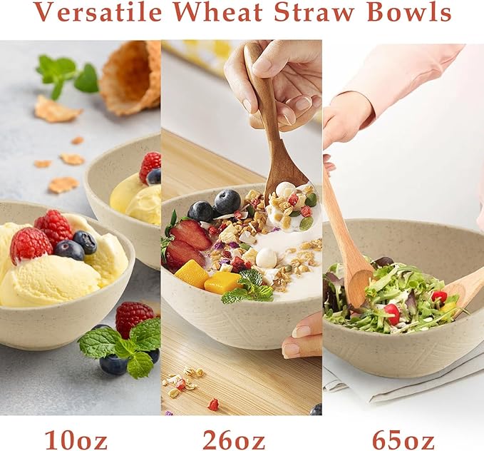 Multi-Size Salad Bowls for Kitchen,Unbreakable and Stackable Wheat Straw Bowls Easy to Clean and Bpa Free,Plastic Bowl Reusable for Camping,Picnic,Hiking and R.V. Beige