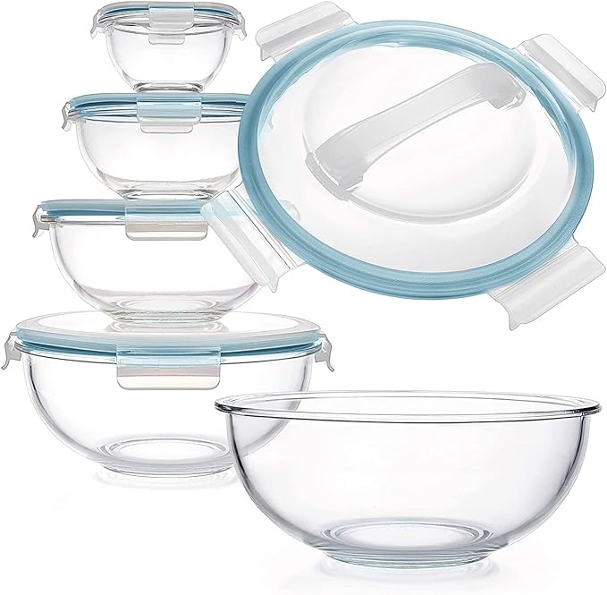 Luvan Glass Mixing Bowl with Lids Set of 5(0.2QT, 0.5QT, 1.1QT, 2.1QT, 3.75 QT), Space-Saving Nesting Bowls Anti-slip Salad Bowls for Storage, Cooking, Microwave,Freezer,Oven and Dishwasher Safe
