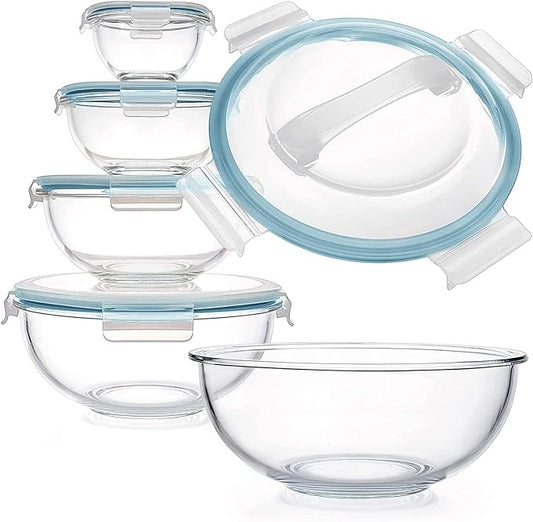 Luvan Glass Mixing Bowl with Lids Set of 5(0.2QT, 0.5QT, 1.1QT, 2.1QT, 3.75 QT), Space-Saving Nesting Bowls Anti-slip Salad Bowls for Storage, Cooking, Microwave,Freezer,Oven and Dishwasher Safe