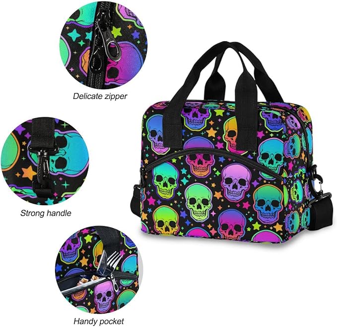 MNSRUU Insulated Lunch Bag Bright Skulls Lunch Box Cooler Bag Reusable Leakproof with Adjustable Shoulder Strap For Work School